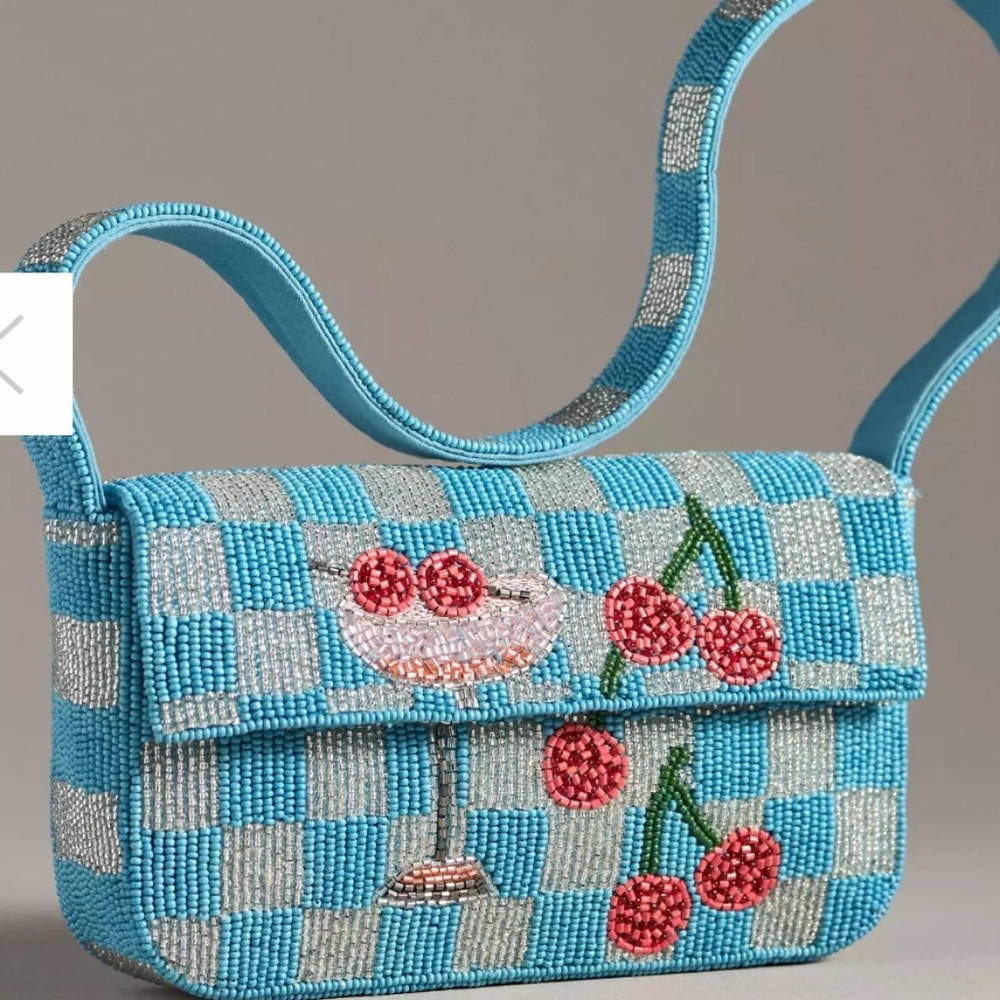Anthropologie Blue Beaded Cherry Appliqué Shoulder Bag - Picture 3 of 6